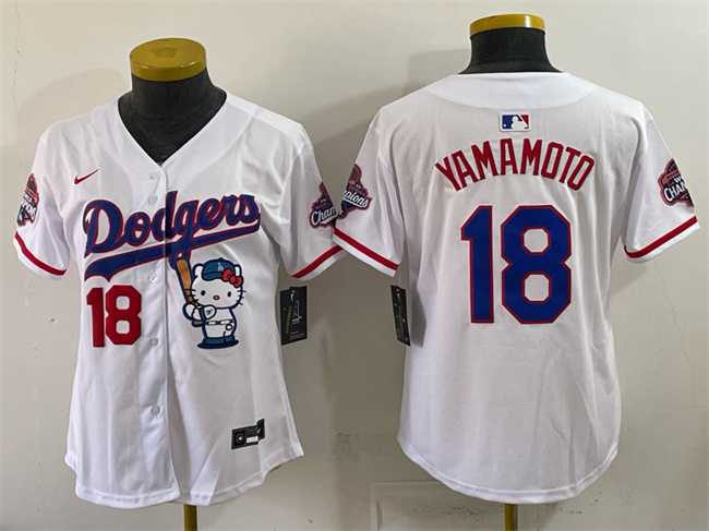 Women%27s Los Angeles Dodgers #18 Yoshinobu Yamamoto White Hello Kitty Night 2025 World Series Champions Patch Stitched Jersey Dzhi