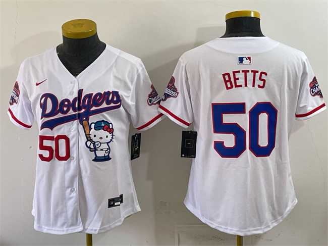 Women%27s Los Angeles Dodgers #50 Mookie Betts White Hello Kitty Night 2025 World Series Champions Patch Stitched Jersey Dzhi