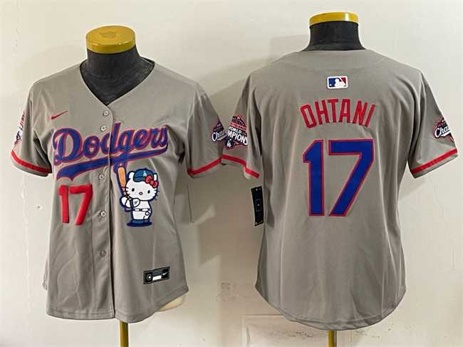 Women%27s Los Angeles Dodgers #17 Shohei Ohtani Grey Hello Kitty Night 2025 World Series Champions Patch Stitched Jersey Dzhi