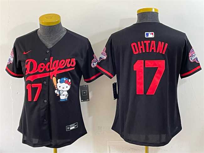 Women%27s Los Angeles Dodgers #17 Shohei Ohtani Black Hello Kitty Night 2025 World Series Champions Patch Stitched Jersey Dzhi