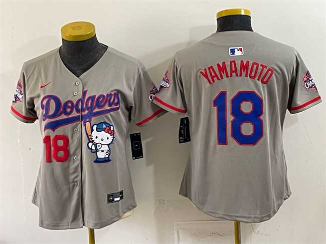 Women%27s Los Angeles Dodgers #18 Yoshinobu Yamamoto Grey Hello Kitty Night 2025 World Series Champions Patch Stitched Jersey Dzhi