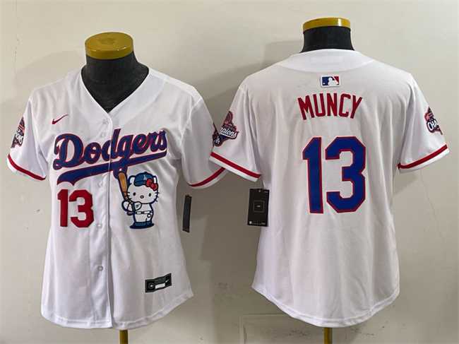Women%27s Los Angeles Dodgers #13 Max Muncy White Hello Kitty Night 2025 World Series Champions Patch Stitched Jersey Dzhi