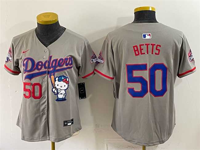 Women%27s Los Angeles Dodgers #50 Mookie Betts Grey Hello Kitty Night 2025 World Series Champions Patch Stitched Jersey Dzhi