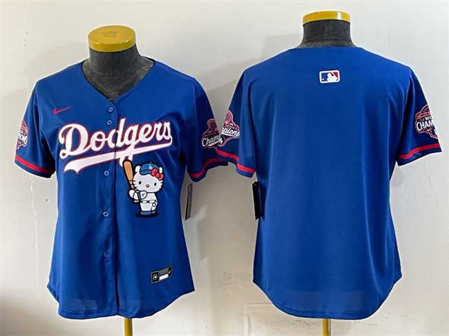 Women%27s Los Angeles Dodgers Blank Royal Hello Kitty Night 2025 World Series Champions Patch Stitched Baseba Dzhi