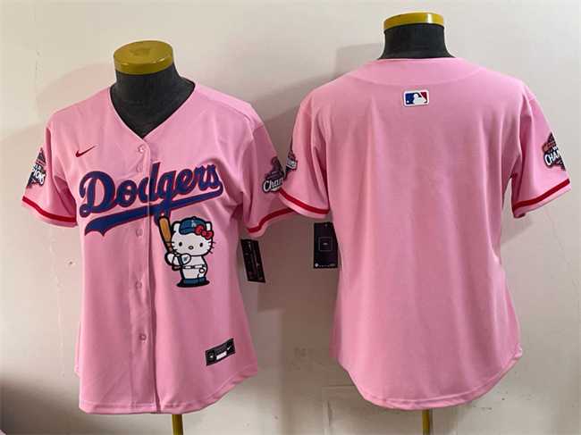Women%27s Los Angeles Dodgers Blank Pink Hello Kitty Night 2025 World Series Champions Patch Stitched Jersey Dzhi