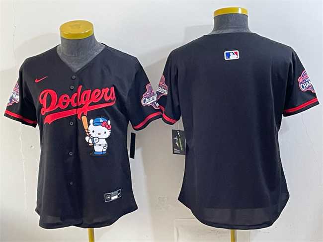 Women%27s Los Angeles Dodgers Blank Black Hello Kitty Night 2025 World Series Champions Patch Stitched Jersey Dzhi