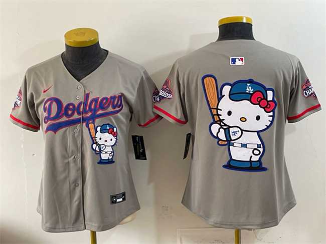 Women%27s Los Angeles Dodgers Team Big Logo Grey Hello Kitty Night 2025 World Series Champions Patch Stitched Jersey Dzhi