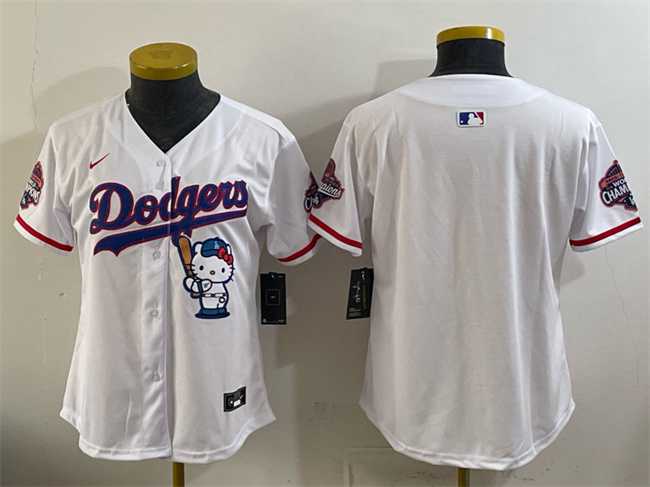Women%27s Los Angeles Dodgers Blank White Hello Kitty Night 2025 World Series Champions Patch Stitched Jersey Dzhi