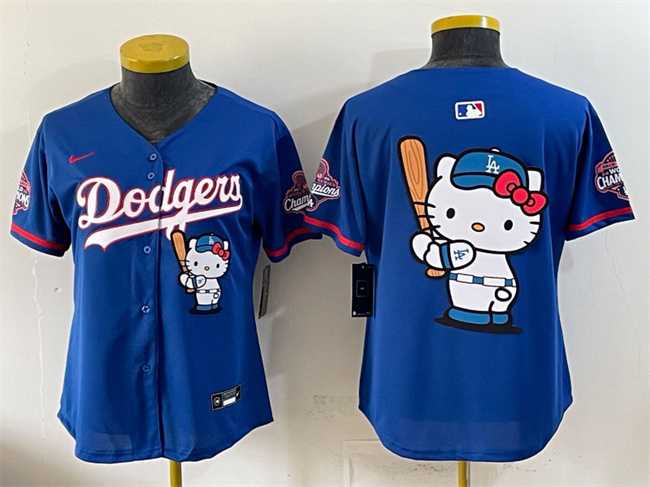 Women%27s Los Angeles Dodgers Team Big Logo Royal Hello Kitty Night 2025 World Series Champions Patch Stitched Jersey Dzhi