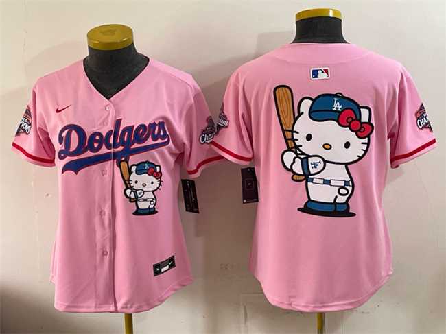 Women%27s Los Angeles Dodgers Team Big Logo Pink Hello Kitty Night 2025 World Series Champions Patch Stitched Jersey Dzhi