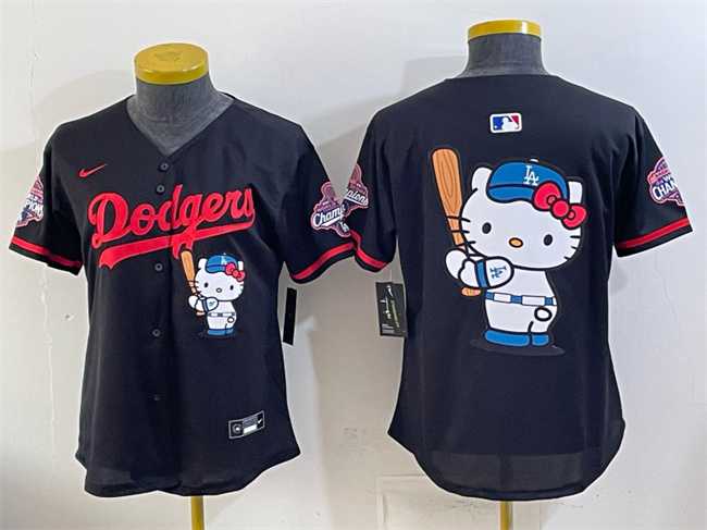 Women%27s Los Angeles Dodgers Team Big Logo Black Hello Kitty Night 2025 World Series Champions Patch Stitched Jersey Dzhi