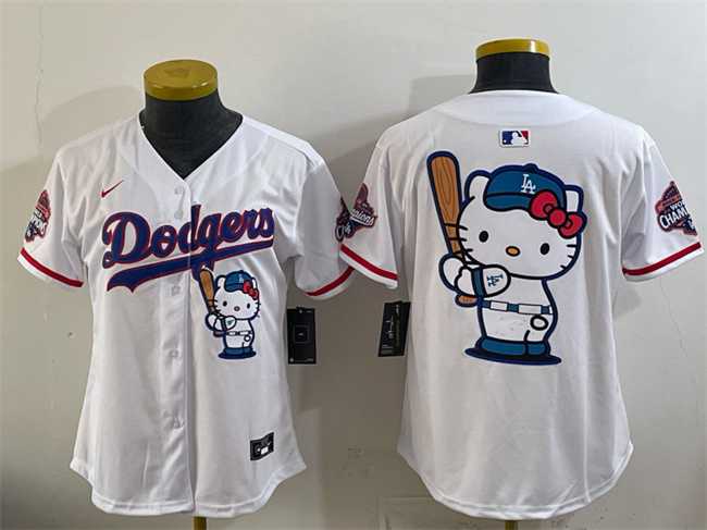 Women%27s Los Angeles Dodgers Team Big Logo White Hello Kitty Night 2025 World Series Champions Patch Stitched Jersey Dzhi