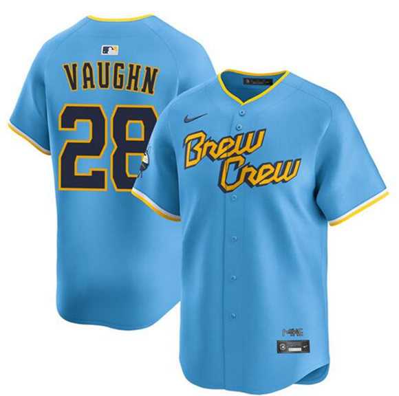 Men%27s Milwaukee Brewers #28 Andrew Vaughn Powder Blue City Connect Limited Stitched Jersey Dzhi