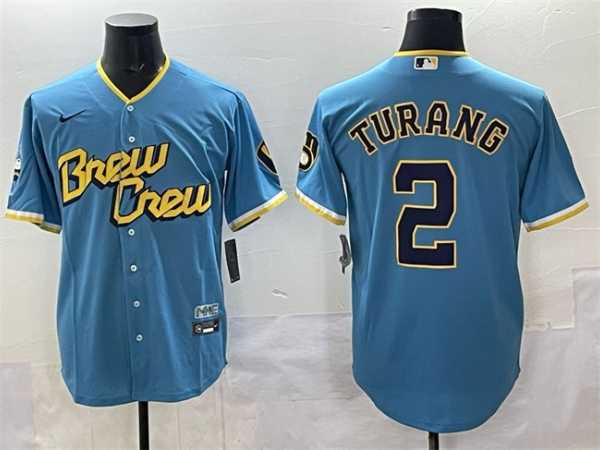 Men%27s Milwaukee Brewers #2 Brice Turang Powder Blue City Connect Cool Base Stitched Jersey