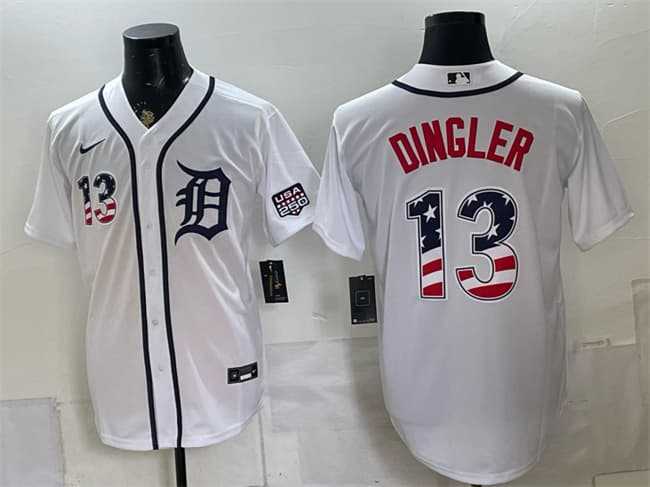 Men%27s Detroit Tigers #13 Dillon Dingler White 2026 USA 250 Fourth of July Stitched Jersey Dzhi