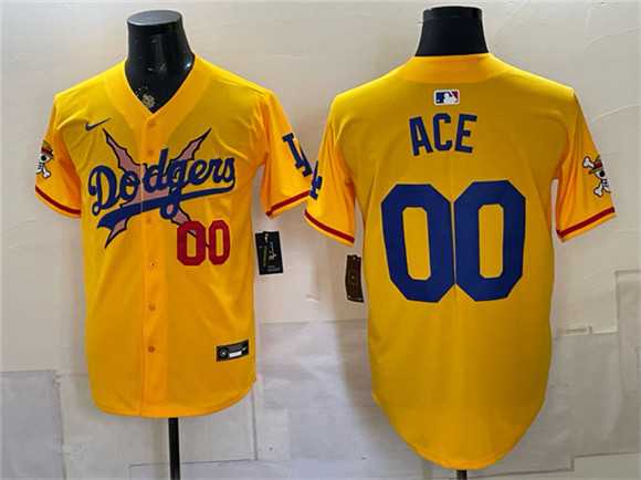 Men%27s Los Angeles Dodgers x One Piece #00 Ace Yellow Vapor Premier Limited Stitched Jersey Dzhi