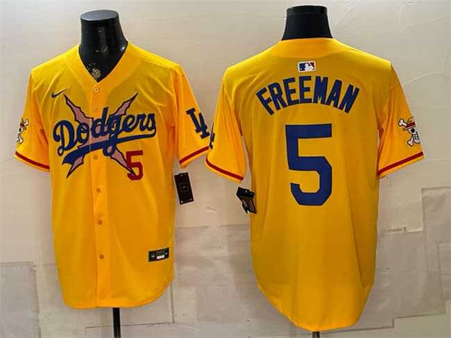 Men%27s Los Angeles Dodgers x One Piece #5 Freddie Freeman Yellow Vapor Premier Limited Stitched Jersey Dzhi