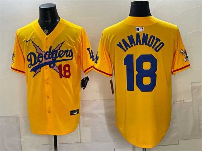 Men%27s Los Angeles Dodgers x One Piece #18 Yoshinobu Yamamoto Yellow Vapor Premier Limited Stitched Jersey Dzhi