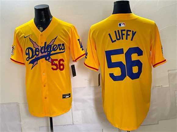 Men%27s Los Angeles Dodgers x One Piece #56 Luffy Yellow Vapor Premier Limited Stitched Jersey Dzhi