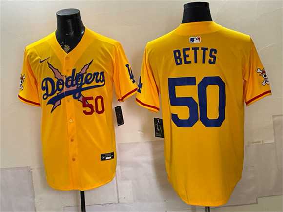 Men%27s Los Angeles Dodgers x One Piece #50 Mookie Betts Yellow Vapor Premier Limited Stitched Jersey Dzhi