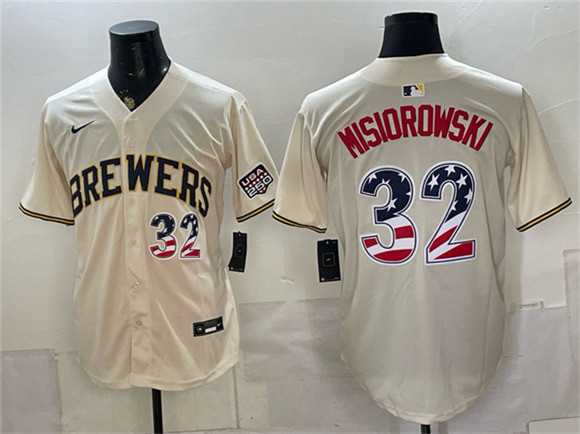 Men%27s Milwaukee Brewers #32 Jacob Misiorowski Cream 2026 USA 250 Fourth of July Home Stadium Stitched Jersey Dzhi