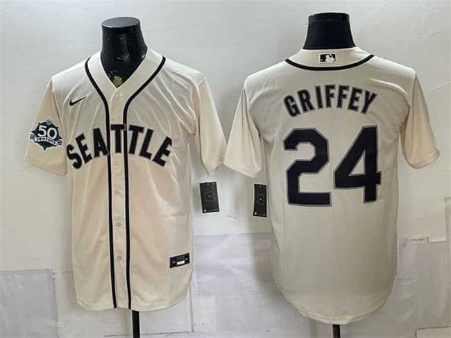 Men%27s Seattle Mariners #24 Ken Griffey Jr. Cream 50th Anniversary Alternate Stitched Jersey Dzhi