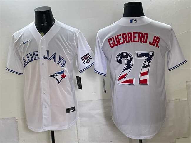 Men%27s Toronto Blue Jays #27 Vladimir Guerrero Jr. White 2026 USA 250 Fourth of July Stitched Jersey Dzhi