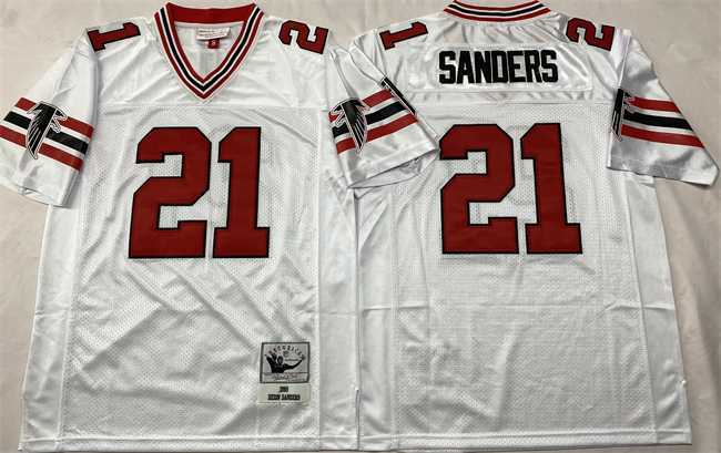 Men%27s Atlanta Falcons #21 Deion Sanders White Throwback Stitched Football Jerseys