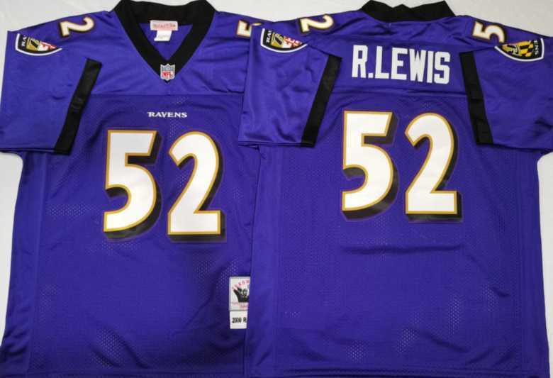 Men%27s Baltimore Ravens #52 Ray Lewis Purple Throwback Stitched Football Jersey