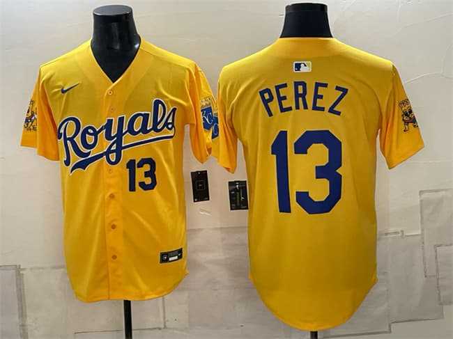Men%27s Kansas City Royals #13 Salvador Perez Gold Sluggerrr Patch Vapor Limited Stitched Jersey