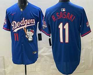 Men%27s Los Angeles Dodgers #11 Roki Sasaki Blue Hello Kitty 2025 World Series Champions Limited Jersey