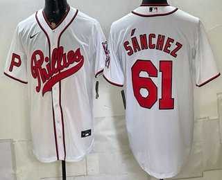 Men%27s Philadelphia Phillies #61 Cristopher Sanchez White 2026 Field of Dreams Stadium Stitched Jersey