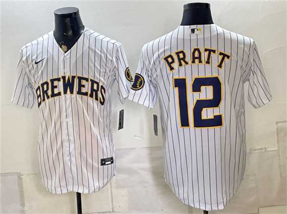 Men%27s Milwaukee Brewers #12 Cooper Pratt White Stitched Jersey