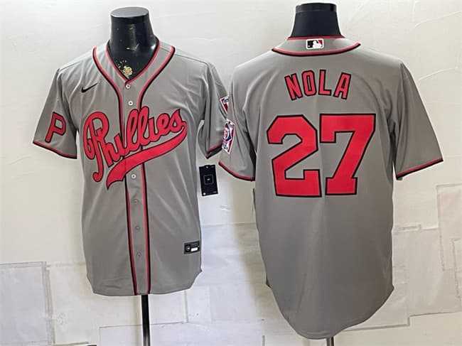 Men%27s Philadelphia Phillies #27 Aaron Nola Gray 2026 Field of Dreams Stadium Stitched Jersey