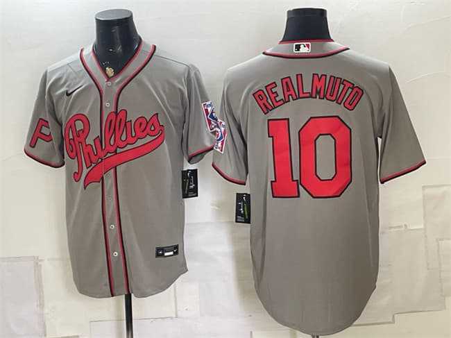Men%27s Philadelphia Phillies #10 J.T. Realmuto Gray 2026 Field of Dreams Stadium Stitched Jersey