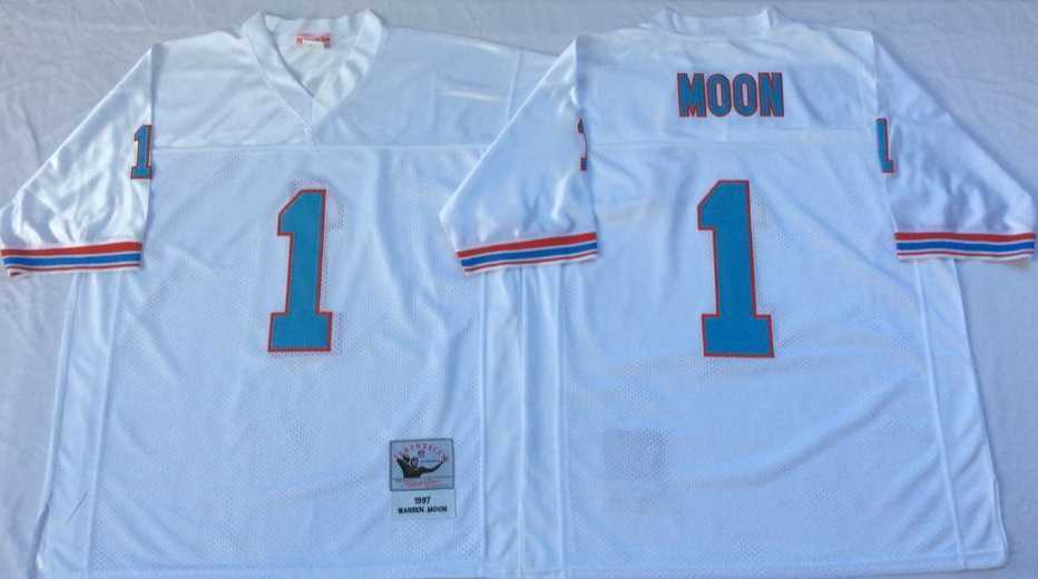 Men%27s Houston Oilers #1 Warren Moon White Throwback Stitched Football Jersey