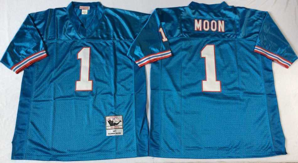 Men%27s Houston Oilers #1 Warren Moon Blue Throwback Stitched Football Jersey