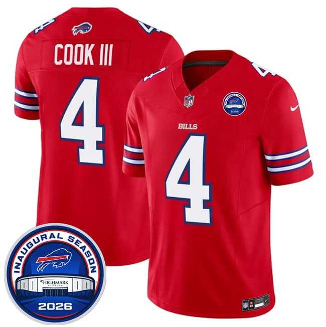 Men%27s Buffalo Bills #4 James Cook III Red F.U.S.E. 2026 Inaugural Season at Highmark Stadium Stitched Jersey Dzhi