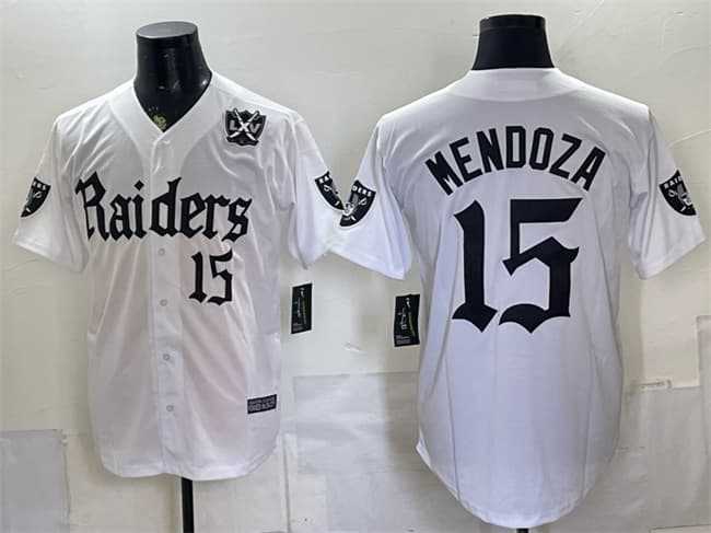 Men%27s Las Vegas Raiders #15 Fernando Mendoza White %27Gothic Sin City Shadows Edition%27 With 65th Anniversary Patch Vapor Limited Stitched Baseball Jersey