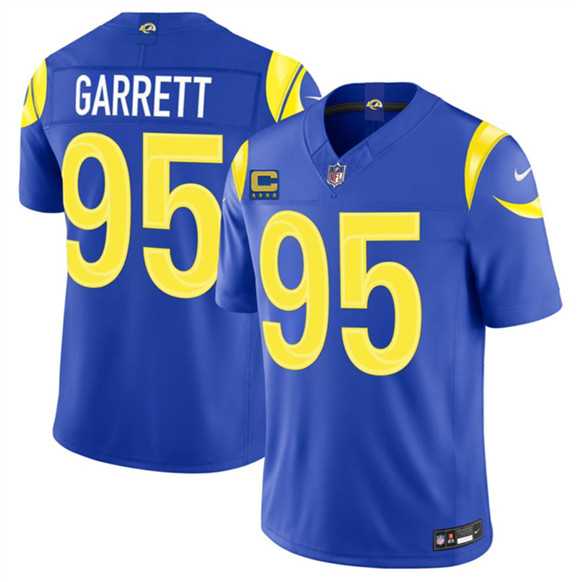 Men%27s Los Angeles Rams #95 Myles Garrett Royal 2026 F.U.S.E. 4-Star C Patch Vapor Limited Stitched Jersey Dzhi