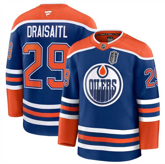 Men%27s Edmonton Oilers #29 Leon Draisaitl Royal 2025 Stanley Cup Final Patch Stitched Hockey Dzhi