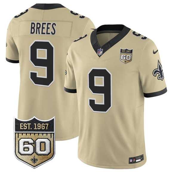 Men%27s New Orleans Saints #9 Drew Brees Gold 2026 F.U.S.E 60th Anniversary Patch Vapor Limited Stitched Jersey Dzhi