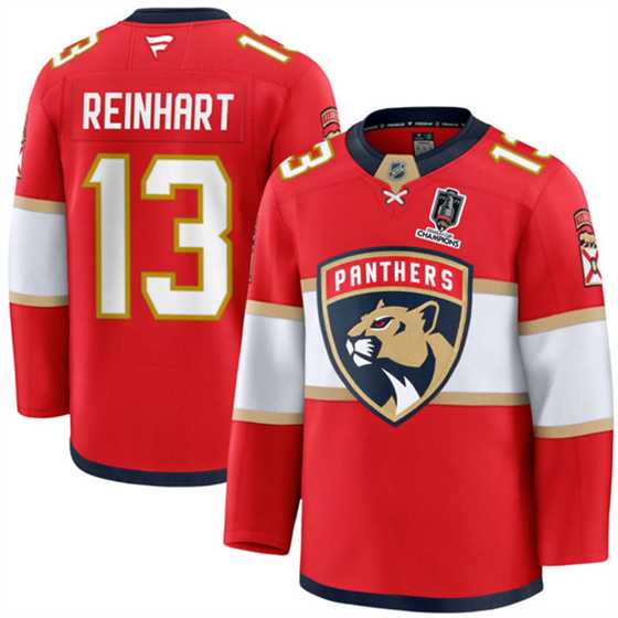Men%27s Florida Panthers #13 Sam Reinhart Red Home 2025 Stanley Cup Champions Patch Stitched Hockey Jersey Dzhi