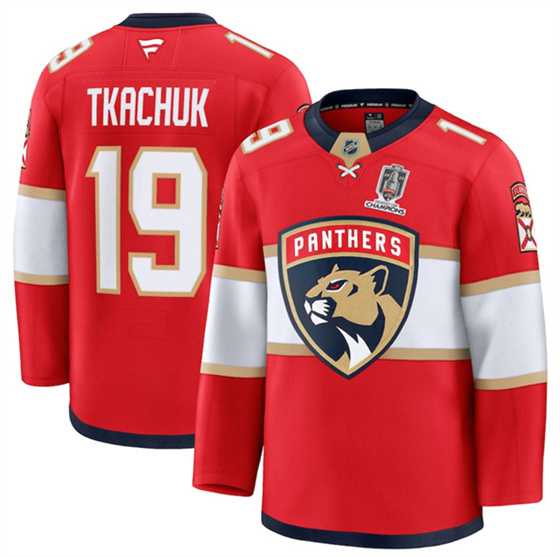 Men%27s Florida Panthers #19 Matthew Tkachuk Red Home 2025 Stanley Cup Champions Patch Stitched Hockey Jersey Dzhi