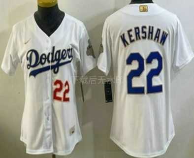 Women%27s Los Angeles Dodgers #22 Clayton Kershaw White 2026 Gold Collection Stadium Jersey