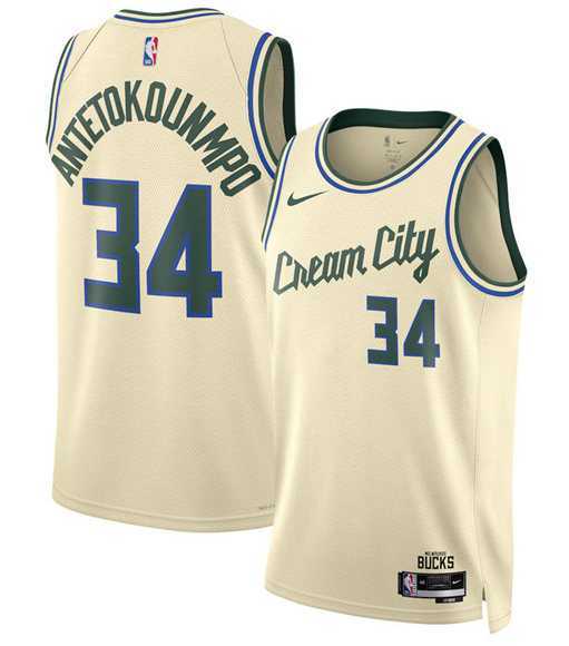 Men%27s Milwaukee Bucks #34 Giannis Antetokounmpo Cream 2025-26 City Edition Swingman Stitched Jersey Dzhi