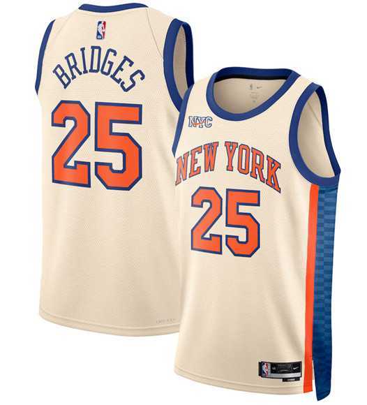Men%27s New Yok Knicks #25 Mikal Bridges Cream 2025-26 City Edition Swingman Stitched Jersey Dzhi