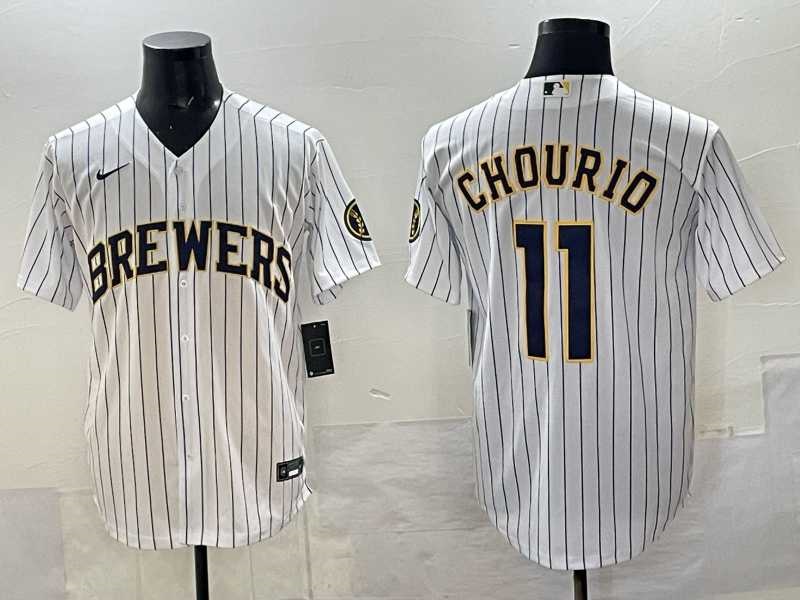 Men%27s Milwaukee Brewers #11 Jackson Chourio White Pinstripe 2025 With Patch Stitched Jersey