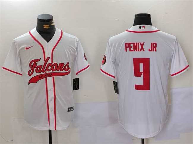 Men%27s Atlanta Falcons #9 Michael Penix Jr. White With Patch Cool Base Stitched Baseball Jersey