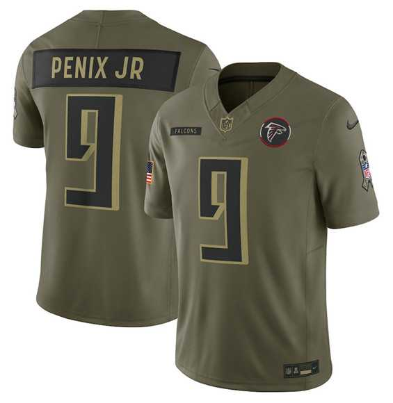 Men%27s Atlanta Falcons #9 Michael Penix Jr. Olive 2025 Salute to Service Limited Stitched Jersey Dyin